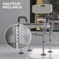 HOMCOM Tabouret de Douche Réglable en Hauteur à 5 Niveaux, Chaise de Douche, Accoudoirs Rembourrés et Coussin Amovible, Gris(m-6)