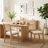 HOMCOM Lot de 2 chaises de salle à manger, chaises de cuisine avec assise rembourrée, dossier effet rotin, crème et chêne(m-15)