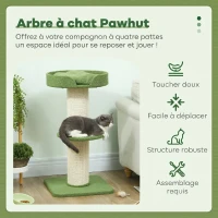 PawHut Arbre à Chat avec Griffoir, Centre d'Activités, Plateformes, Coussin, 45 x 45 x 91 cm, Vert et Beige(m-4)