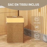 HOMCOM Panier à linge 72 L, corbeille à linge sale en bambou avec couvercle, poignées en corde, doublure amovible, marron(m-7)