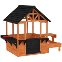 AIYAPLAY Cabane enfant extérieur en bois maison enfant extérieure table bancs évier porte fenêtre supports de fleurs marron(m-13)
