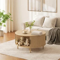 HOMCOM Table Basse Ronde 80 cm avec Plateau Relevable et Rangement Caché, Porte Coulissante à Rainures, Bois Naturel(m-7)