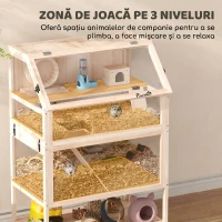 PawHut Cușcă pentru hamster din lemn 3 etaje Cușcă pentru rozătoare cu podea detașabilă Raft Roată Balansoar Rampă Căsuță 80x53x117cm Lemn natural(m-4)