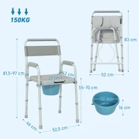 HOMCOM Chaise percée toilette pliable antidérapante hauteur réglable, siège et accoudoirs rembourrés, charge 150 kg, Gris(m-3)