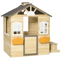 Outsunny Căsuță pentru copii 3-7 ani cu 2 ferestre, suport pentru ghivece și bancă, din lemn de brad și PP, 113Lx94x134.5 cm(m-15)