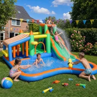 AIYAPLAY Springkasteel voor Kinderen, met Waterglijbaan, Pierenbad, Klimmuur, voor Binnen en Buiten, 416 x 370 x 195 cm, Kleurrijk(m-2)