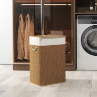 HOMCOM Panier à linge 72 L, corbeille à linge sale en bambou avec couvercle, poignées en corde, doublure amovible, marron(m-11)