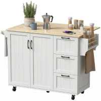 HOMCOM Îlot Central Cuisine avec Plateau Rabattable 2 Prises et 2 Ports USB Desserte de Cuisine sur Roulettes 3 Tiroirs Blanc(m-19)