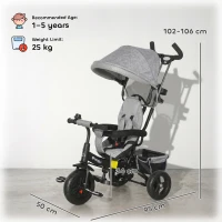 HOMCOM Triciclu pentru Copii cu Mâner 6 în 1, Acoperiș Reglabil și Centură de Siguranță, Vârsta 1-5 Ani, Gri(m-3)
