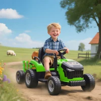 AIYAPLAY Trattore Elettrico per Bambini con Rimorchio Staccabile e Telecomando, in Plastica e Metallo, 139x58x55 cm, Verde(m-9)