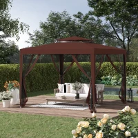 Outsunny Carpa de Jardín 3x3 m Cenador Gazebo con 4 Mosquiteras Laterales Techo Doble 8 Orificios de Drenaje Marco de Metal Marrón(m-11)