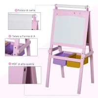 HOMCOM Lavagnetta per Bambini in Legno Rosa con Cavalletto 3 in 1: Lavagna Bianca, Nera e con Rullo Fogli di Carta(m-6)