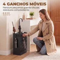HOMCOM Suporte para Guarda-Chuvas em Aço Galvanizado, Estreito, com Tabuleiro Recolhe-Gotas Amovível, 4 Ganchos, 28x14x41 cm, Preto(m-5)