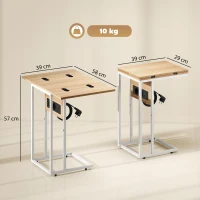 HOMCOM Mesa Auxiliar para Sofá con Encimera Plegable y Estación de Carga Forma de C para Salón Blanco y Natural(m-3)