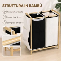 HOMCOM Cesto Portabiancheria 2 Scomparti 120L con Coperchi, Tasche Laterali, Sacchi Estraibili per Camera da Letto(m-7)
