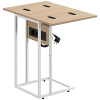 HOMCOM Mesa Auxiliar para Sofá con Encimera Plegable y Estación de Carga Forma de C para Salón Blanco y Natural(m-1)