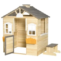 Outsunny Casita Infantil de Juegos Exterior para Niños de 3 -7 Años con Ventanas 2 Jardineras y 1 Banco 113x94x134,5 cm Natural(m-1)