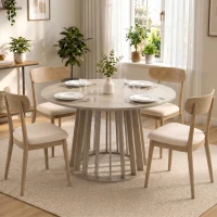 HOMCOM Table à Manger Ronde pour 4 à 6 Personnes, Ø 120 x 75 cm, Table de Cuisine avec Piétement à Lattes Robuste, Bois Naturel(m-15)