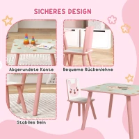 ZONEKIZ Kinderset van grenenhout, tafel met 2 stoelen, dierenmotief, kinderkamer, 3-8 jaar, roze(m-5)