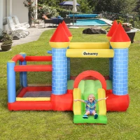 Outsunny opblaasbaar springkasteel met glijbaan voor 3 kinderen springkasteel met blazer speelkasteel, rood, blauw, groen 280 x 260 x 210 cm(m-2)