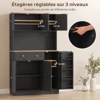 HOMCOM Buffet haut cuisine, armoire de cuisine, station de charge, 6 portes, plan de travail, porte-épices, 100x40x173cm, noir(m-5)