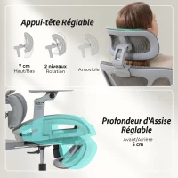 HOMCOM Chaise Bureau Ergonomique avec Accoudoirs 6D Appui-Tête et Profondeur d'Assise Réglables Maille Gris(m-6)