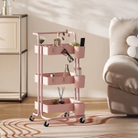 HOMCOM Chariot à 3 niveaux desserte avec 4 crochets et 3 boîtes suspendues amovibles pour 42 x 38 x 86,5 cm rose(m-11)
