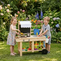AIYAPLAY Mud Kitchen with Real Water Faucet Pretend Play Kitchen Playset with Sink and Storage Natural Wood(m-10)