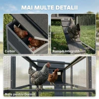 PawHut Cotet pentru găini Cotet pentru 3-4 găini cu țarc Cuibar Acoperiș din asfalt Husă Oxford Sertar glisant 264x82x89cm Gri(m-8)