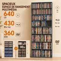 HOMCOM Rangements pour CD et DVD 18 compartiments capacité max. 640 CD/360 DVD 430 Blu-ray 78,5 x 24 x 175 cm gris clair(m-4)