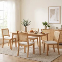 HOMCOM Lot de 2 chaises de salle à manger, chaises de cuisine avec assise rembourrée, dossier effet rotin, crème et chêne(m-9)