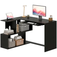 HOMCOM Bureau d'Angle, 120 x 100 x 76 cm, Bureau Informatique en L avec Plateau de Clavier, 4 Compartiments Ouverts, Noir(m-16)