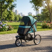 PawHut Foldable Pet Stroller Jogger, with Three Wheels, Canopy, for Medium and Small Dogs, Green(m-8)