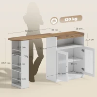 HOMCOM Mesa de Bar Extensible y Giratoria 90° con Estantes Abiertos y 2 Puertas de Vidrio 150x80x105,5 cm Blanco y Natural(m-3)