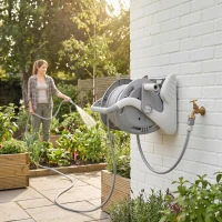 Outsunny Portable Garden Hose Reel, 20+2 m Wall Mounted Hose Reel with 2 Patterns Spray Nozzle and Crank Handle, Grey(m-2)
