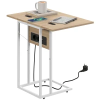 HOMCOM Opvouwbare Bijzettafel met Oplaadstation, USB-poorten, Metaal, 39 x 29 x 57 cm, Houtkleur(m-11)