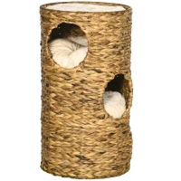 PawHut Tonneau à Gratter pour Chat 3 Niveaux, Coussins, Tressage en Jacinthe d'Eau, Cadre en Acier, Ø 40 x 73 cm, Marron Clair(m-8)