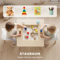 AIYAPLAY Kindertisch mit 2 Stühlen, Kindersitzgruppe mit Stauraum bärförmiger Rückenlehne für 3-6 Jahre Kinder, Naturholz(m-6)