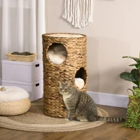 PawHut Tonneau à Gratter pour Chat 3 Niveaux, Coussins, Tressage en Jacinthe d'Eau, Cadre en Acier, Ø 40 x 73 cm, Marron Clair(m-6)