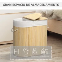 HOMCOM Cesto para Ropa Sucia de Bambú 100L 2 Compartimentos Bolsa Interior Extraíble y Lavable 62,5x37x60,5 cm Natural(m-4)