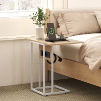 HOMCOM Mesa Auxiliar para Sofá con Encimera Plegable y Estación de Carga Forma de C para Salón Blanco y Natural(m-8)