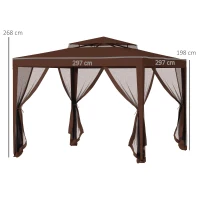 Outsunny Carpa de Jardín 3x3 m Cenador Gazebo con 4 Mosquiteras Laterales Techo Doble 8 Orificios de Drenaje Marco de Metal Marrón(m-3)