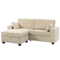 HOMCOM Canapé 3 Places avec Pouf de Rangement, Canapé d'Angle en Velours Côtelé, Assise Large, 2 Coussins, Beige(m-18)