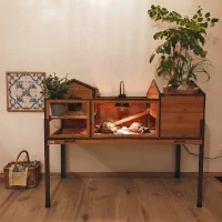 PawHut Schildpaddenverblijf, Kleindierenverblijf, 2 ruimtes, 2 verdiepingen, vensters, hellingen, accessoires, hout, staal, geel(m-2)