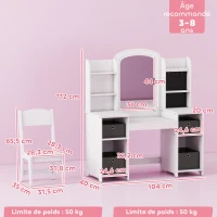 AIYAPLAY Coiffeuse pour enfants avec tabouret et miroir LED, table de maquillage pour 3 à 8 ans, 104 x 40 x 112 cm, blanc(m-3)