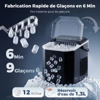 HOMCOM Macchina del Ghiaccio Autopulente da 9 Cubetti in 6-13 Minuti, in PP e Rame, 22.2x29.4x29 cm, Nera(m-4)