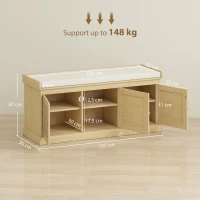 HOMCOM Banc chaussures entrée 9 paires, banc de rangement, 3 portes en rotin, coussin et étagère réglable, 105x35x47cm, chêne(m-3)