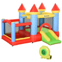 Outsunny opblaasbaar springkasteel met glijbaan voor 3 kinderen springkasteel met blazer speelkasteel, rood, blauw, groen 280 x 260 x 210 cm(m-10)