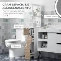 HOMCOM Columna de Baño Moderno Mueble Auxiliar de Baño con 2 Estantes 2 Cajones y 1 Puerta Antivuelco 15x33x136,8 cm Natural(m-4)