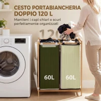 HOMCOM Cesto Portabiancheria 2 Scomparti 120L con Coperchi, Tasche Laterali, Sacchi Estraibili per Camera da Letto(m-4)